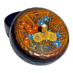 Vintage Lacquer Trinket Box Round Faux Carved Wood Floral made in Japan